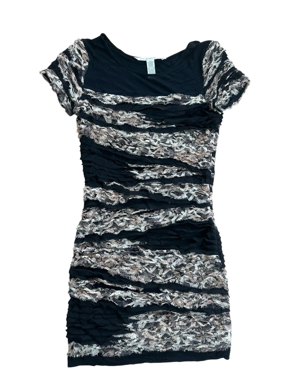 Diane Von Furstenburg Noelle Black Silk Short Sleeve Frayed Mini Dress